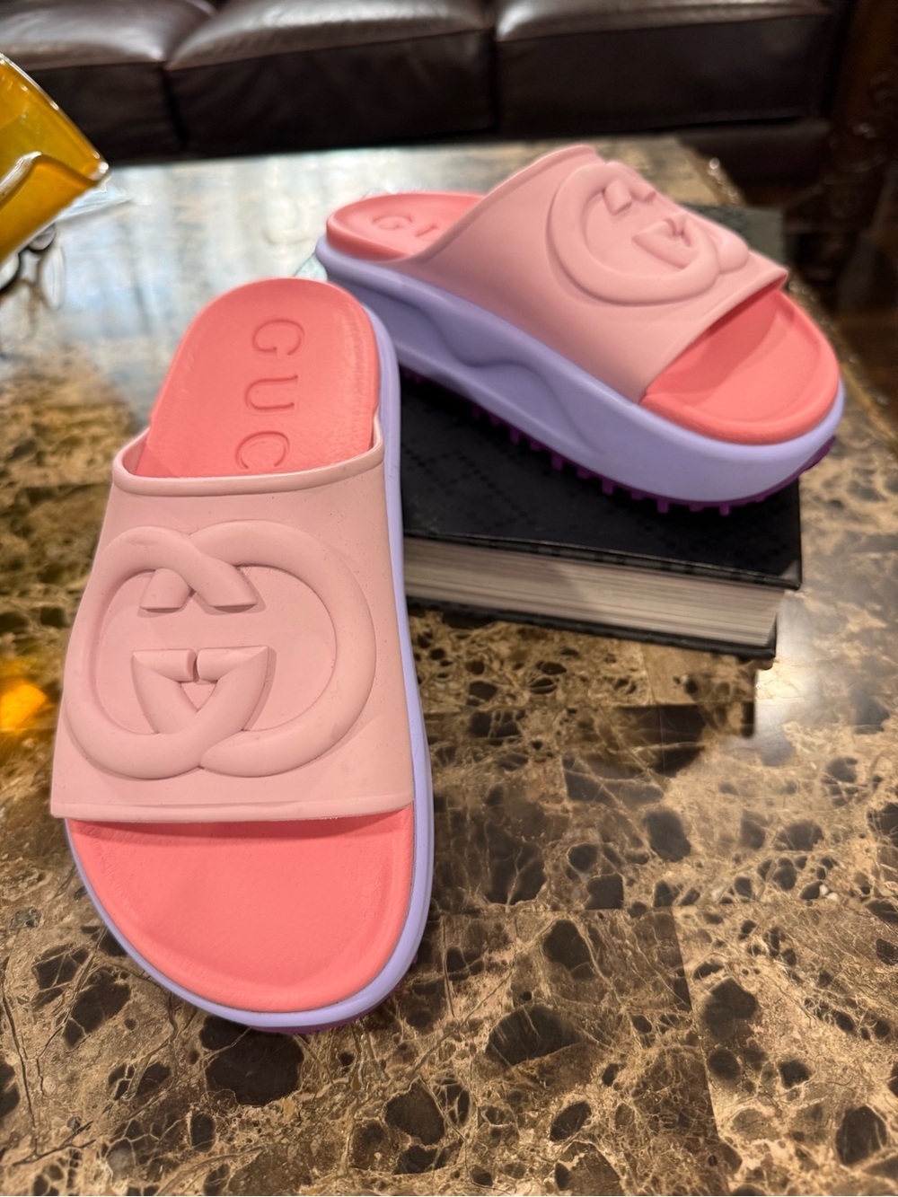 Authentic Gucci Interlocking GG Platform Rubber Slides Pink Lavender EU 36